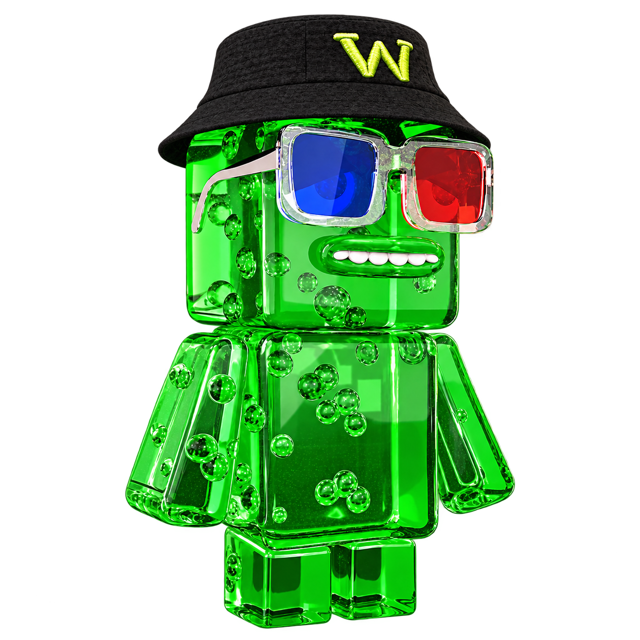 Green jelly Wick wearing 3D glasses and a W bucket hat